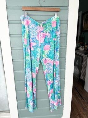 Lilly Pulitzer stretchy knit pajama pants pink green floral preppy summer XXL